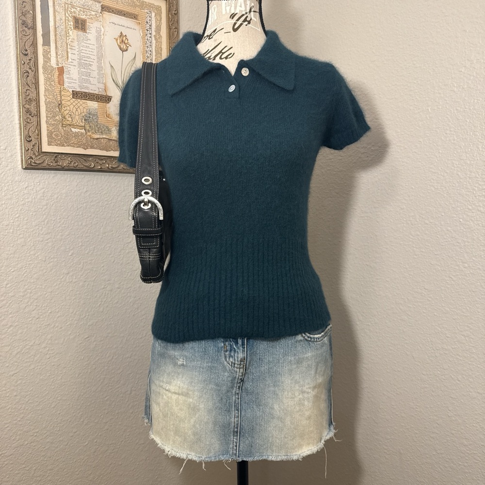 Vintage Y2K Angora Rabbit Hair Blend Dark Forest Green Short Sleeve Top